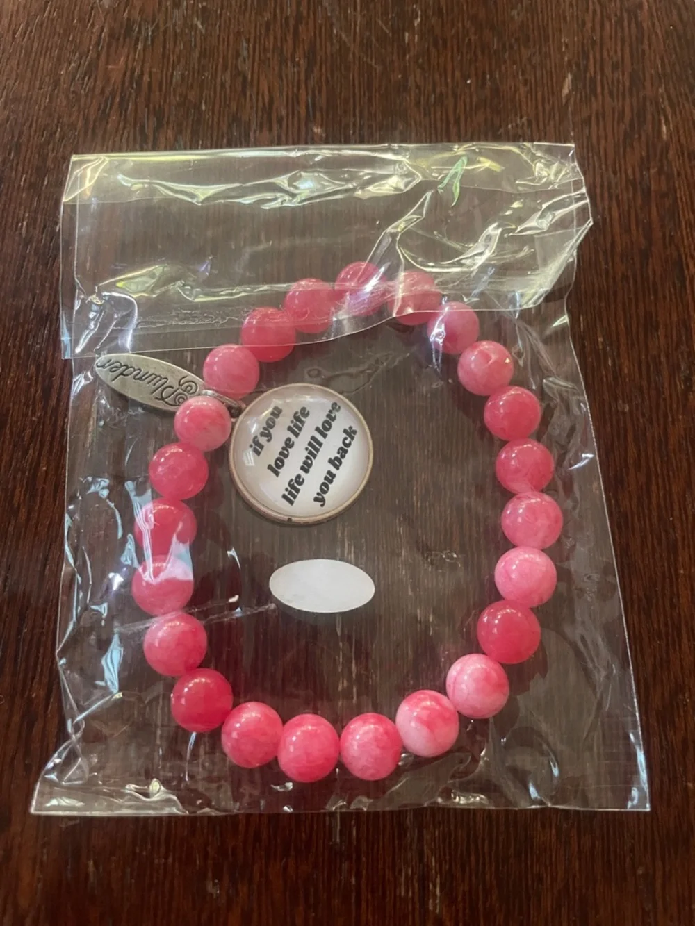 Plunder Design Pink Marbled Beaded Bracelet. Inspirational white charm . New.